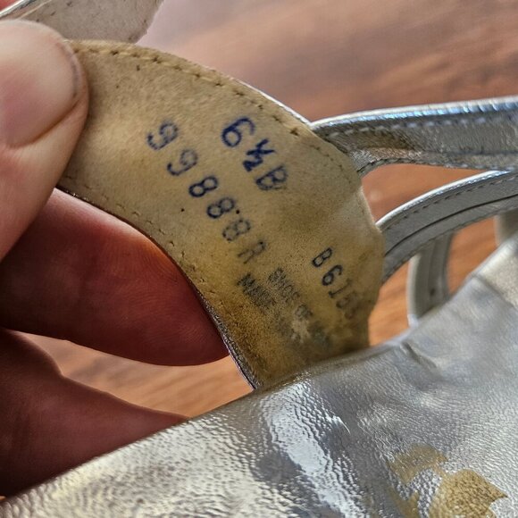 Vintage 70s Womens Silver Leather Strappy Sandals Heels Disco ABBA Size 6.5 - Picture 5 of 10